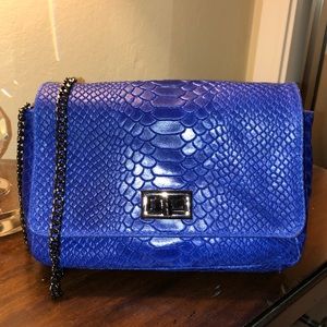 Blue Leather Snakeskin Print Crossbody Purse